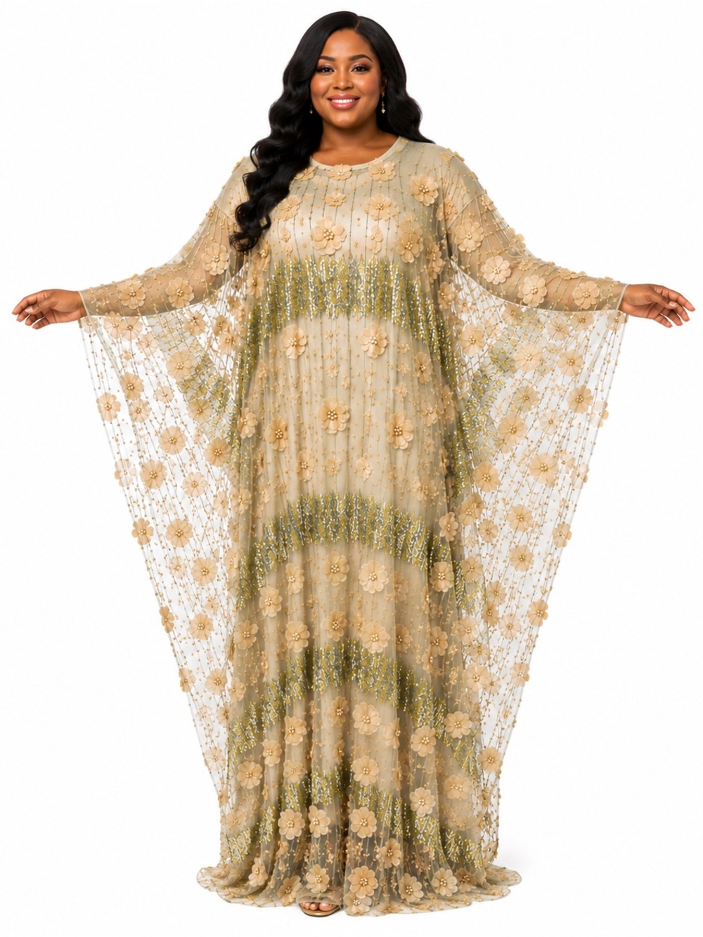Handmade Gold Floral Appliqué Kaftan – Plus Size African Boubou 3X–4X